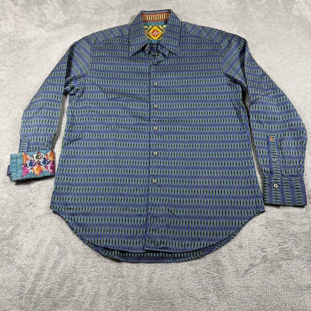 Robert Graham Button Down Shirt Mens Medium Blue Green Abstract Flip Cuff Party